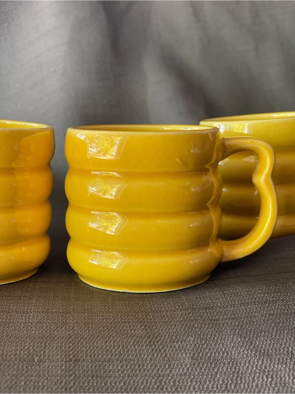 Vintage Yellow Ribbed Mugs Set of 4 Made in Japan Ceramic Heart Handle